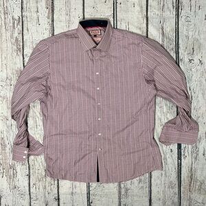 Thomas Pink Button Down Pink Plaid Long Sleeve Dress Suit Shirt Mens